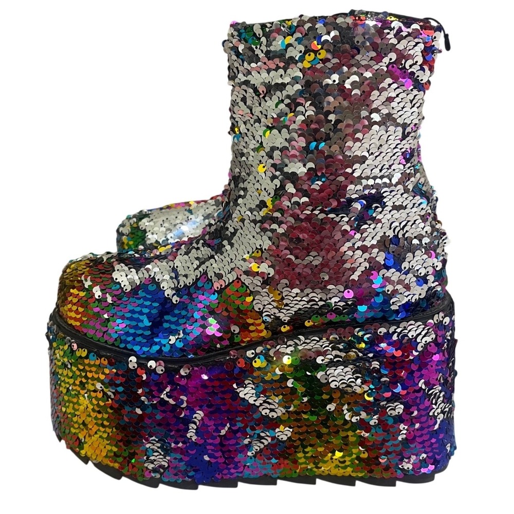 YRU Womens Rainbow Sequin Platform SZ 7 Ankle Boots Multicolor Festival Sole Zip